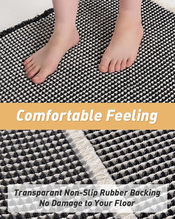 AMOAMI Upgraded Waffle Runner Rug Super Absorbent Non Slip Bath Mats for Bathroom Machine Washable Bathroom Runner Rug with Tassels, Ideal for Hallway Bedroom Laundry Room, 2' x 6', Black & Cream