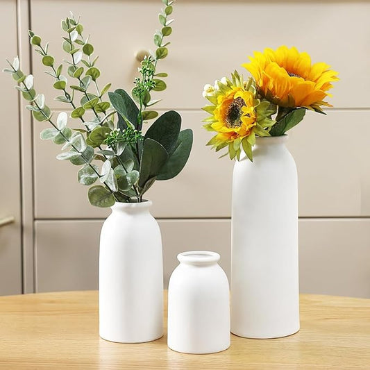 Ceramic Vases Set of 3, Small White Flower Decorative Vase for Pampas Grass & Dried Flowers, Rustic Vase for Table Bookshelf, Living Room