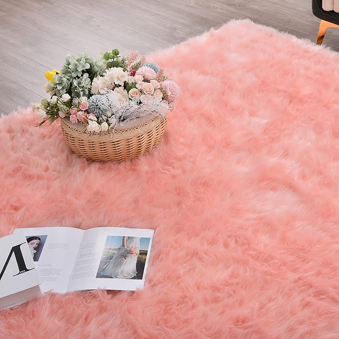 Pink Washable Fluffy Round Rugs for Bedroom Girls Shag Faux Sheepskin Fuzzy Fur Rugs for Living Room Circle Area Rug for Kids Round Rug 5ft