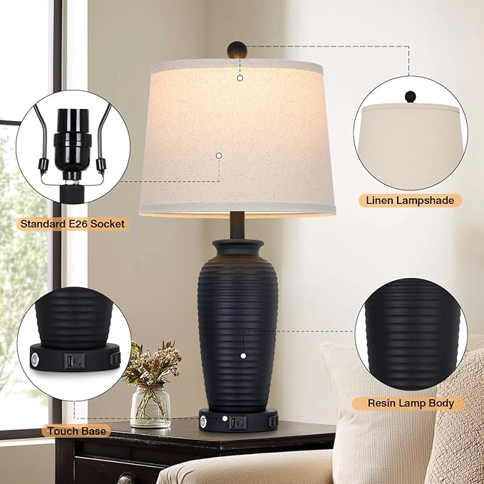 25" Retro Black Farmhouse Jar Table Lamps Set of 2, 3 Way Touch Control Rustic Bedside Lamps with USB A+C Ports & AC Outlet, Pot Nightstand Lamps for Bedroom Living Room (LED Bulbs Included)