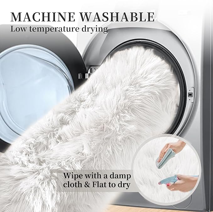 White Fluffy Faux Fur Rugs for Bedroom Sheepskin Machine Washable Shag Area Rugs for Living Room Small Circle Boho Round Rug 3ft