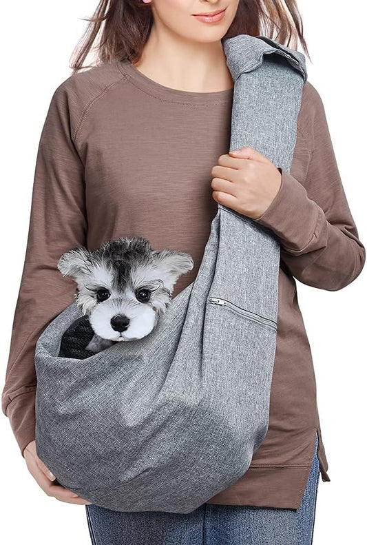AOFOOK Dog Cat Sling Carrier Adjustable Padded Shoulder Strap with Mesh Pocket for Outdoor Travel (Grey, L - 8 to 15 lbs)