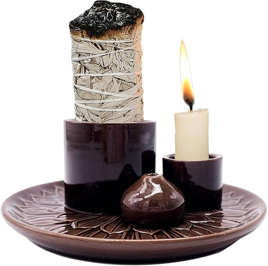 4 in 1 Multifunctional Ceramic Incense and Candle Holder with Ash Catcher Tray Suit for Burning White Sage, Palo Santo Sticks (Dark Brown)