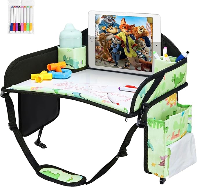 WENRENER Kids Travel Tray, 3PCS Car Seat Tray for kids Travel, Toddler Road Trip Essentials With Drawing Kit, Toddler Lap Desk Organizer for Car, Carseat Table for Airplane