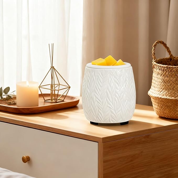 Wax Melt Warmer Ceramic Burner for Scented Cubes Electric Oil Burner Melter with Silicone Dish Fragrance Warmer for Home Office Bedroom White Leaf