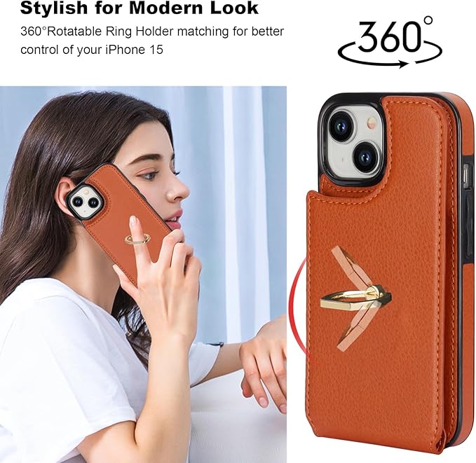 Folosu Compatible with iPhone 15 Case Wallet with Card Holder, 360°Rotation Finger Ring Holder Kickstand, RFID Blocking Leather Protective Double Buttons Shockproof Cover 6.1 Inch Brown