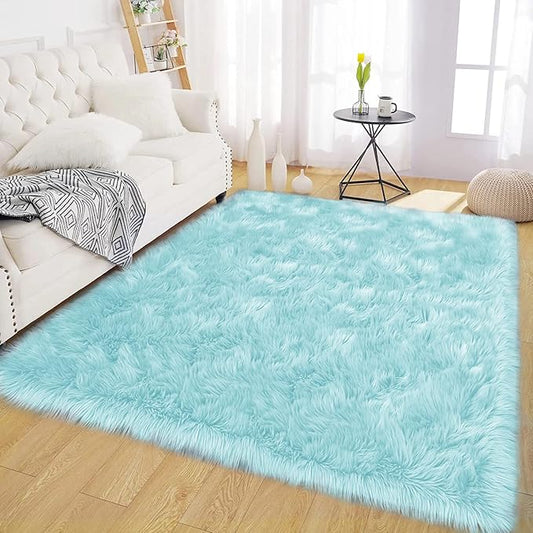 Latepis Light Blue Faux Fur 5x8 Alfombras para Salas Washable Sheepskin Fluffy Shag Rug for Living Room Bedroom Soft Plush Rugs Home Decor Rectangle