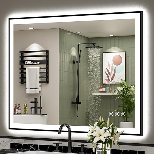 44x36 Inch Black Framed LED Bathroom Mirror with Lights, Backlit & Front Lit, Anti-Fog Lighted Vanity Mirrors for Bathroom Wall, Dimmable, 3-Color Light, Memory, Shatter-Proof, Tempered Glass
