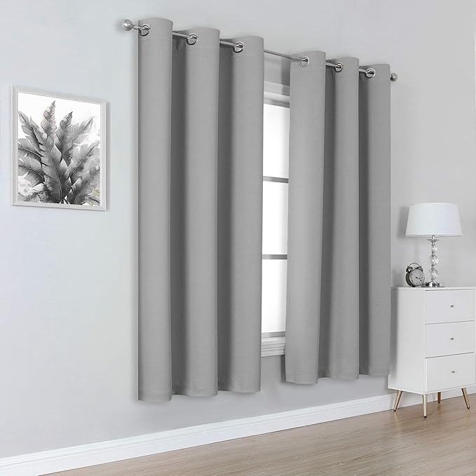 DUALIFE Light Grey Blackout Curtains Short Grommet Curtains 38 X 45 Inch Length Set of 2 Panels Thermal Insulated Solid Energy Efficient Room Darkening Bedroom Curtains