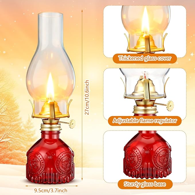 3 Pcs Red Chamber Oil Lamps for Indoor Use 10.6'' Vintage Kerosene Lamp Hurricane Oil Lantern Adjustable Fire Wick Decorative Lantern for Valentines Wedding Table Decor Emergency Lighting