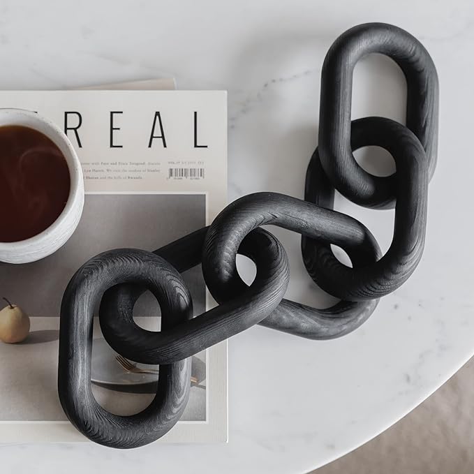 Wood Chain Link Decor - Modern Coffee Table Decor Items, Black Chain Decor for Coffee Table, Wooden Decorative Chain, Bookshelf Decor, Shelf Decor Accents, Table Decorations for Living Room