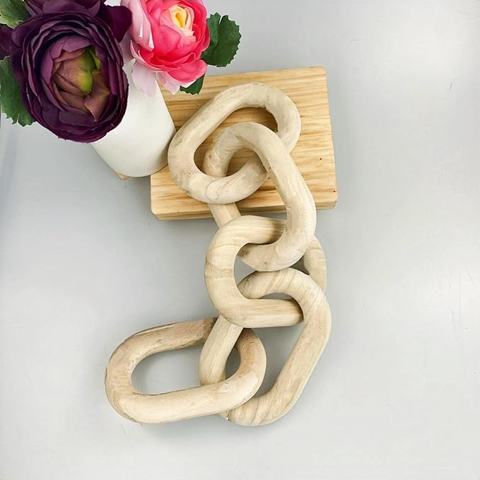 Wood Chain Link Decor and Beaded Garland Set - Hand Carved Decorative Wood Chain, Home Decor, Farmhouse