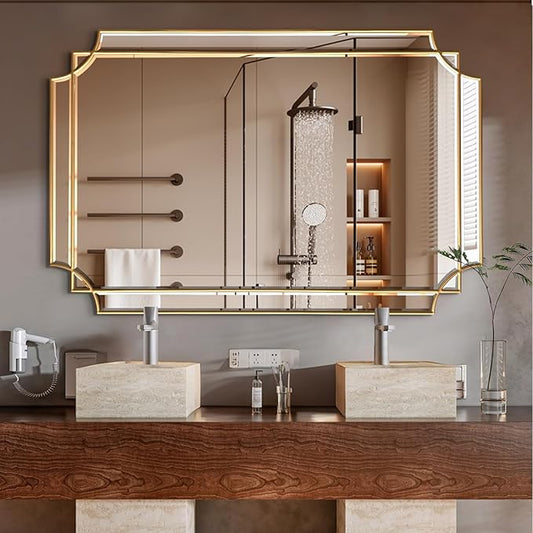 Gold Mirror for Wall, 48" x32" Wooden Framed, Polished Bevelled Rectangle Mirror, Modern Decorative Mirrors for Wall Decor, Irregular Mirror for Living Room, Bathroom, Entryway, Bedroom