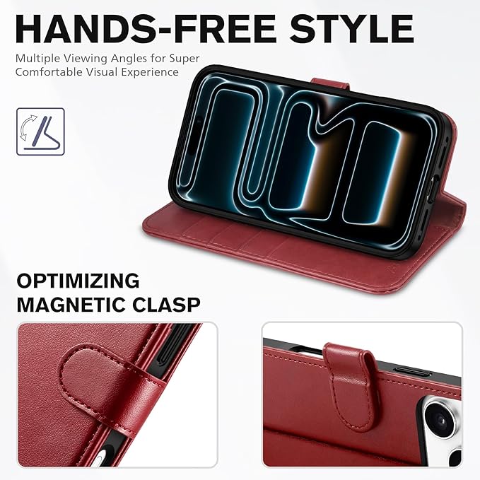 TUCCH Case Wallet for iPhone 17 Pro Max (6.9") 2025, Stand | RFID Blocking | 4 Card Holders | TPU Shockproof Inner Shell | PU Leather | Magnetic Closure Folio Protective Cover | Dark Red