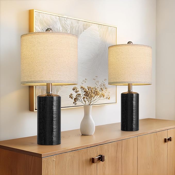 20.5" Small Table Lamps for Living Room Lamp Set of 2 Ceramic Lamps for Bedroom Bedside Lamps Modern Boho Lamps for Night Stands Farmhouse Nightstand Lamp Side End Table Lamp, Black