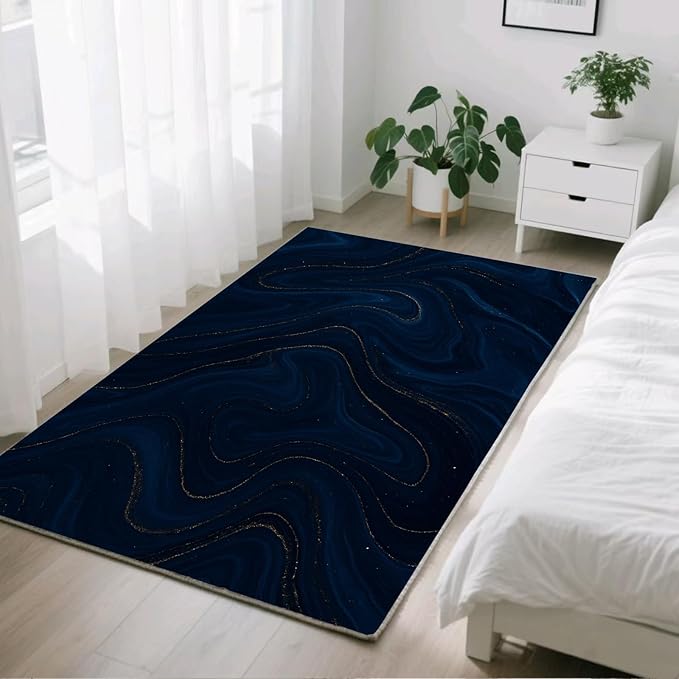 Luxury Marble Rug - 2x4 Rug, Navy Blue Marble Hallway Rugs, Modern Abstract Runner Rugs, Washable & Non Slip Small Carpet Home Decor