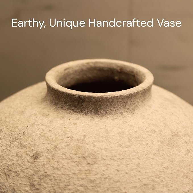 Handemade Large Round Vase for Centerpieces, White Rustic Vase Farmhouse Decor, Distressed Textured for Home Decorations, Earthy Room Decor Aesthetic, Stone Look Ceramic Clay Pottery, 10 inch