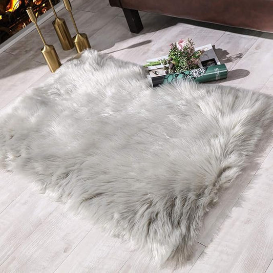 Carvapet Fluffy Shaggy Soft Faux Sheepskin Fur Area Rugs Floor Mat Chair Sofa Cover Beside Carpet for Bedroom Living Room, 2ft x 3ft, Grey