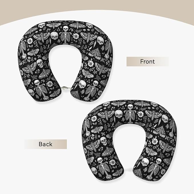 Breathable Neck Pillow for Sleeping Rest Nap Goth Skull Head Board Witch Black Art, Airplanes/Car/Home Memory Foam Travel Cushion with Polyester Cover Washable for Women Men