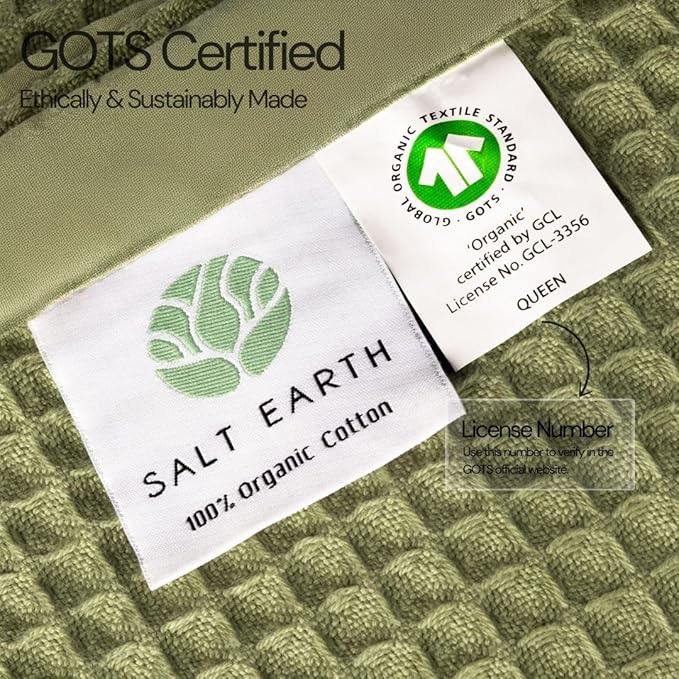 Salt Earth GOTS Certified 100% Organic Cotton Throw Blanket, 55"x60" Waffle Blankets & Throws for Bed, Throw Blanket for Couch, Cozy Christmas Blankets and Throws for Christmas Gifts (Mosstone)