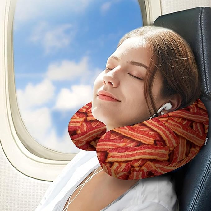 Fashion Travel Pillow Memory Foam Chin Head Support Bacon, Breathable Washable Cover for Women Men Airplane Car Decor