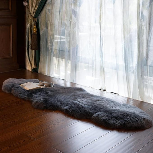 Genuine Sheepskin Rug New Zealand Fluffy Lambskin Rug, Natural Luxury Sheepskin Throw for Bedroom Living Room Children's Room - Premium Area Rug Chair Cover (2×6 Feet, Dark Charcoal Grey)