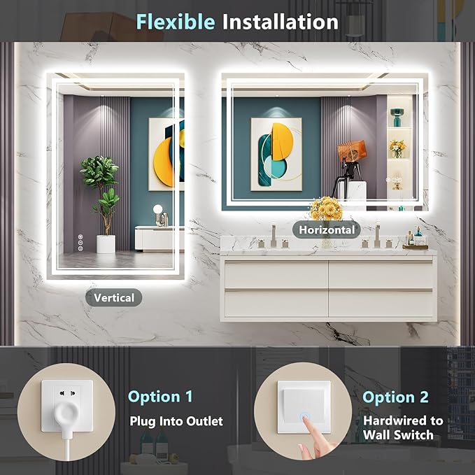 48x36 LED Bathroom Mirror with Lights, Backlit & Front Lit, Anti-Fog Frameless Lighted Vanity Mirrors for Bathroom Wall, Dimmable, 3-Color Light, Memory, Shatter-Proof, Tempered Glass, CRI＞90
