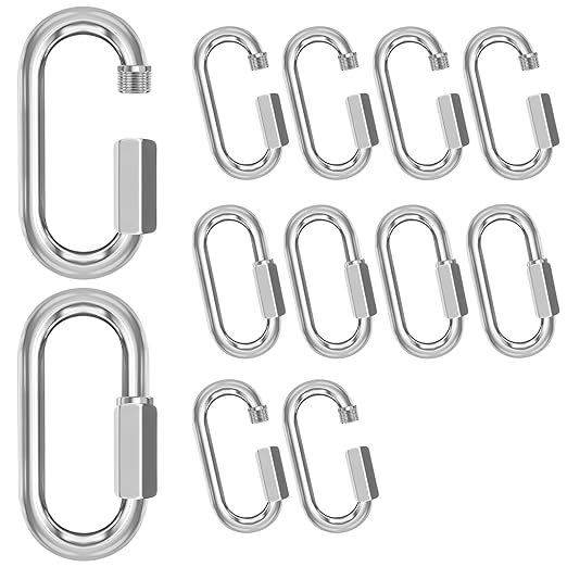 M12-12 Pack 4.17“ Quick Links Chain Connectors, 1/2" Galvanized Chain Locking Hooks, 2500LBS Heavy Duty Thread Quick Link Clips, Twist Oval Keychain D Shape for Swing, Backpack, Key Ring