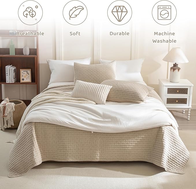 Sanracie Stonewashed Oversized King Quilt(120"x120"), Cotton Dark Wheat Color Cross Stitch Pattern California King Quilt Set 3Pcs Ultra Soft Lightweight Crinkle Bed Coverlet Set for All Season