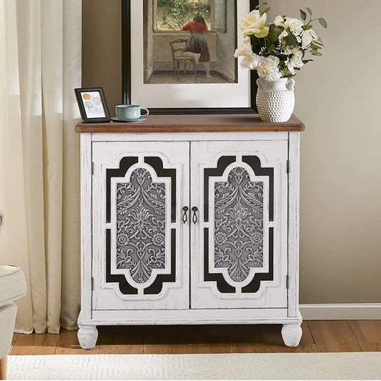 MAISON ARTS Accent Cabinet with 2 Doors, Farmhouse Decorative Storage Cabinet with Solid Wood Frame & Legs for Living Room Entryway Small Sideboard Buffet Cabinet, Metal Embossing Pattern