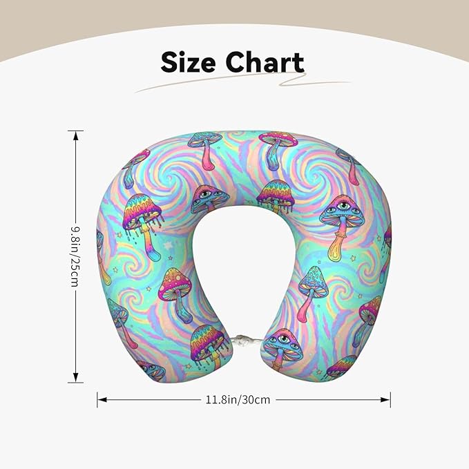 Support Neck Pillow for Youth Travel, Washable Airplane Chin Supporting and Relax U Shaped Pillows Colorful Trippy Mushroom Art