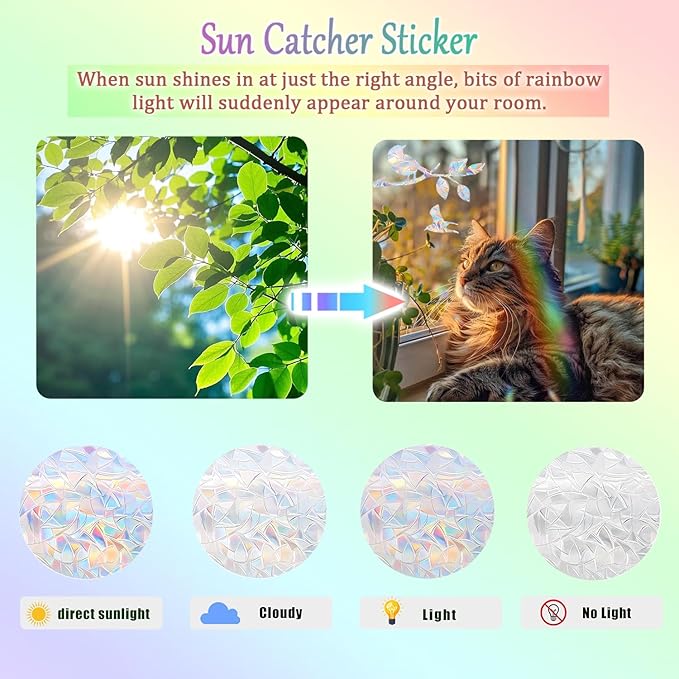 59 Pieces Star Moon Cat Sun Catcher Window Clings for Glass Windows, Anti-Collision Stickers Decals Prevent Bird Strikes,Rainbow Prismatic Window Clings Non Adhesive
