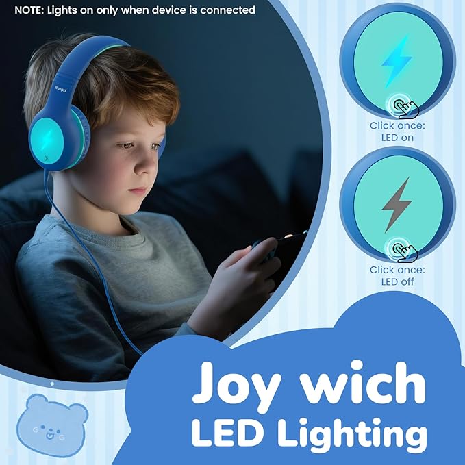 Kids USB C Headphones for School, 2025 Upgrade Safe Listening Wired Over-Ear Headphones with LED Lights, Volume Limiter & Microphone, Foldable Design for iPhone 16, iPad, Tablet