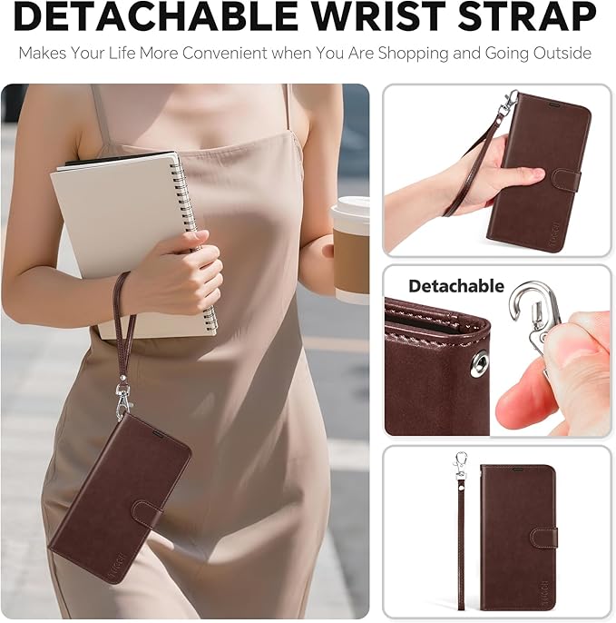 TUCCH 2-in-1 Detachable Wallet Case for iPhone 17 Pro (6.3-inch) 2025, Wireless Charging | RFID Blocking 4 Card Holders | Wrist Strap | Kickstand | Magnetic | PU Leather Folio Cover | Chocolate Brown
