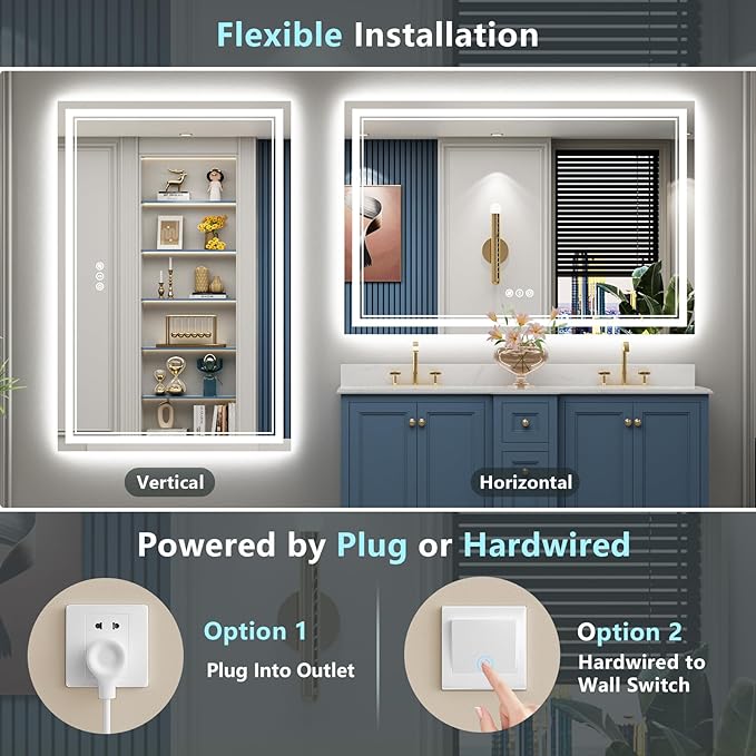60x28 Inch LED Bathroom Mirror with Lights, Backlit & Front Lit, Anti-Fog Lighted Vanity Mirrors for Bathroom Wall, Dimmable, 3-Color Light, Memory, Shatter-Proof, Tempered Glass, ETL Listed