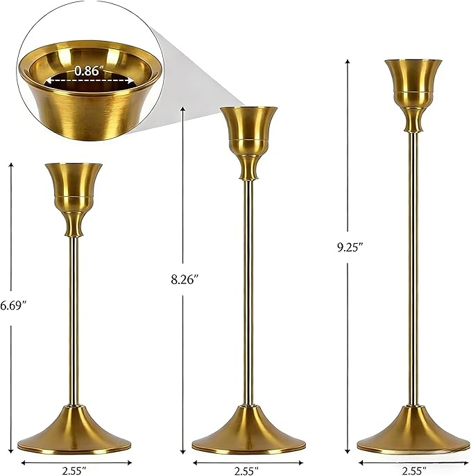 2 Sets(6 Pcs) Candle Stick Holders，Brass Gold Metal Taper Candle Holders, Vintage Modern Decorative Centerpiece Candlestick Holders for Table Mantel Wedding Housewarming Gift
