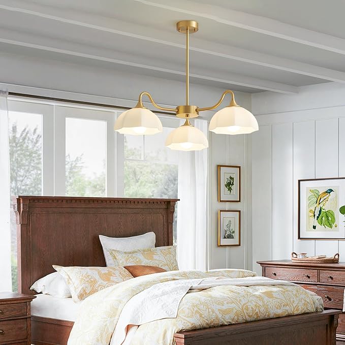 Mid Century Modern 3 Light Sputnik Chandeliers Retro Gold Milk Glass Chandelier Pendant Light Fixture Nordic White Ceramic Kitchen Island Hanging Lights Dining Room Ceiling Lamp MPL13-3 GD