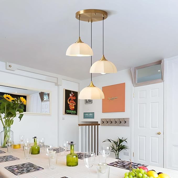 3 Light Cluster Pendant Lighting Gold Milk Glass Chandelier Brushed Brass Pendant Lights Kitchen Island Adjustable Hanging Dining Room Lighting Stairwell Brass Cluster Chandelier MPL17-3R GDN
