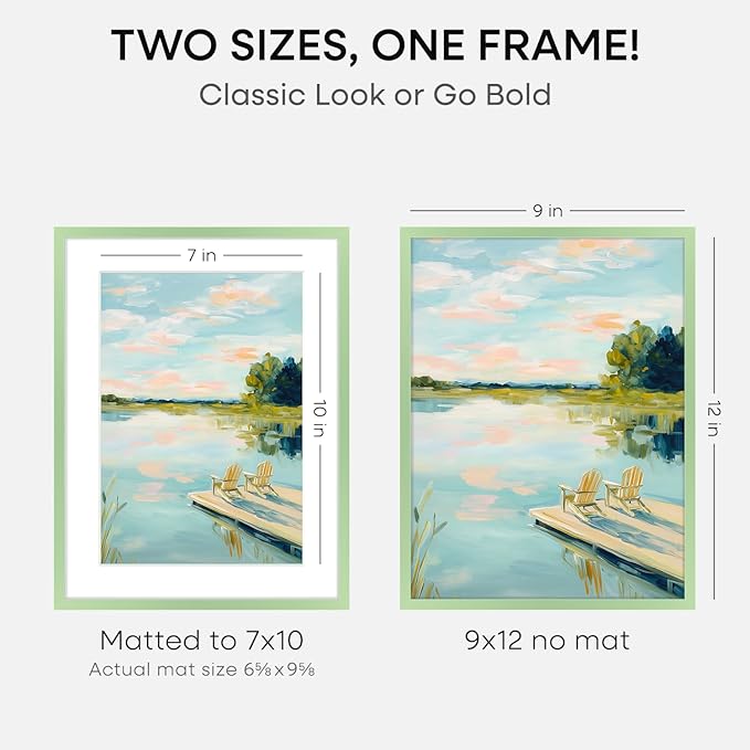 Homeforia 9x12 Sage Green Frame, High End Metal 9 x 12 Picture Frame with Mat 7 by 10 inch Photo, 9by12 Poster Frame Matted to 7x10 Art, 12x9 Wall or Tabletop Frame, Tempered Glass, Wall Kit, Set of 2