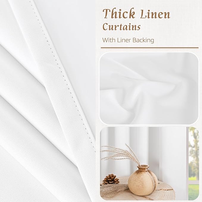 LAMIT 40 Inch Length Short White Linen Curtains for Cafe, 100% Blackout Linen Textured Thermal Curtains Back Tab and Rod Pocket Panels with White Liner for Kitchen/Small Window, 2 Panels, 34 x 40 Inch
