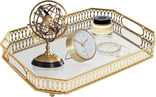 Vintage Gold Mirrored Vanity Mirror Tray Decorative Perfume and Makeup Organizer with Handles for Dresser,Bathroom or Jewelry Display, Decor Home Large Size