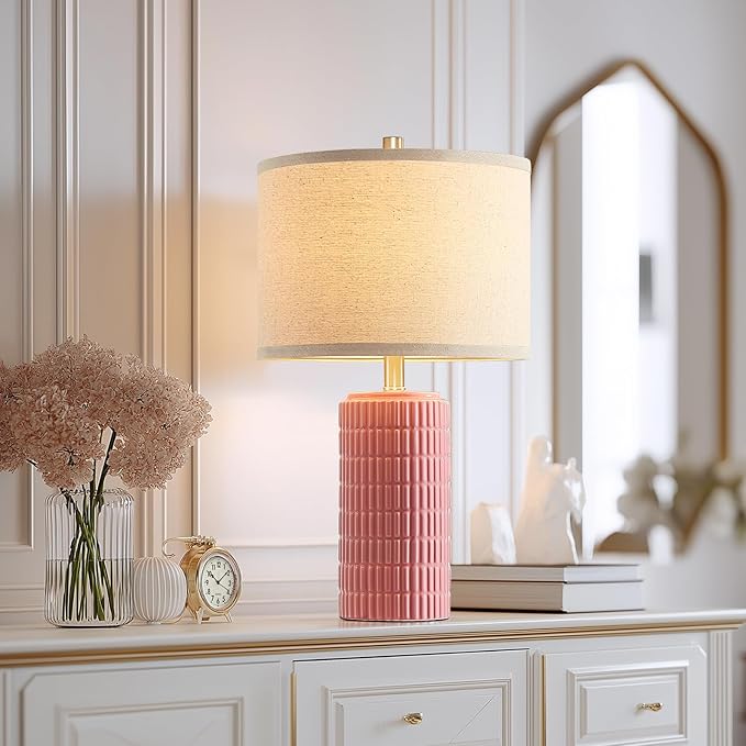 23" Set of 2 Pink Ceramic Table Lamp for Living Room Bedroom, Modern Farmhouse Nightstand Desk Lamps for Dining Room Dresser End Table Entryway, 2 LED Bulbs Included