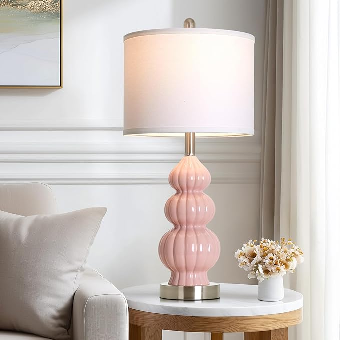 26.5" Pink Ceramic Table Lamps Set of 2, Modern Bedside Lamps for Girls Room, Triple Gourd Table Lamp for Living Room End Table or Bedroom Nightstand (2 LED Bulbs Included)
