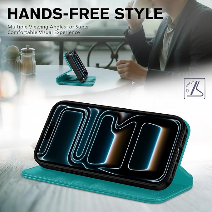 TUCCH Case Wallet for iPhone 17 Pro (6.3-Inch) 2025, 3 Card Slots | Kickstand | RFID Blocking | PU Leather | Protective Flip Folio Cover | TPU Shockproof Interior Shell | Cyan