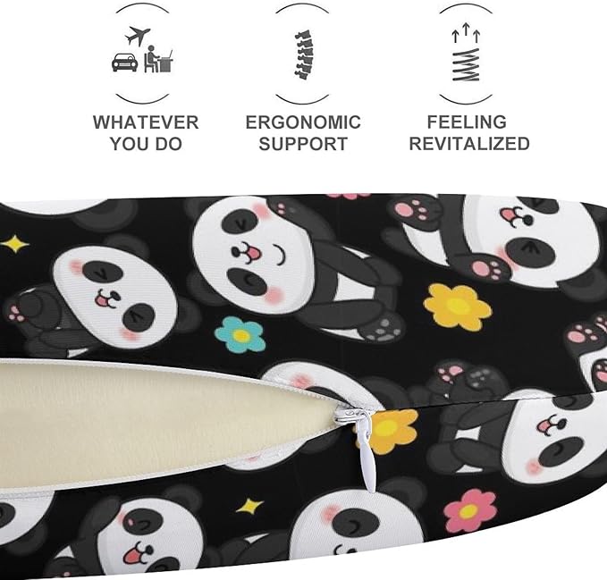 Youth Travel Neck Pillow Soft Memory Foam Chin Support Cute Cartoon Panda Art, Washable Cover for Boys Girls Airplane Car School Rest