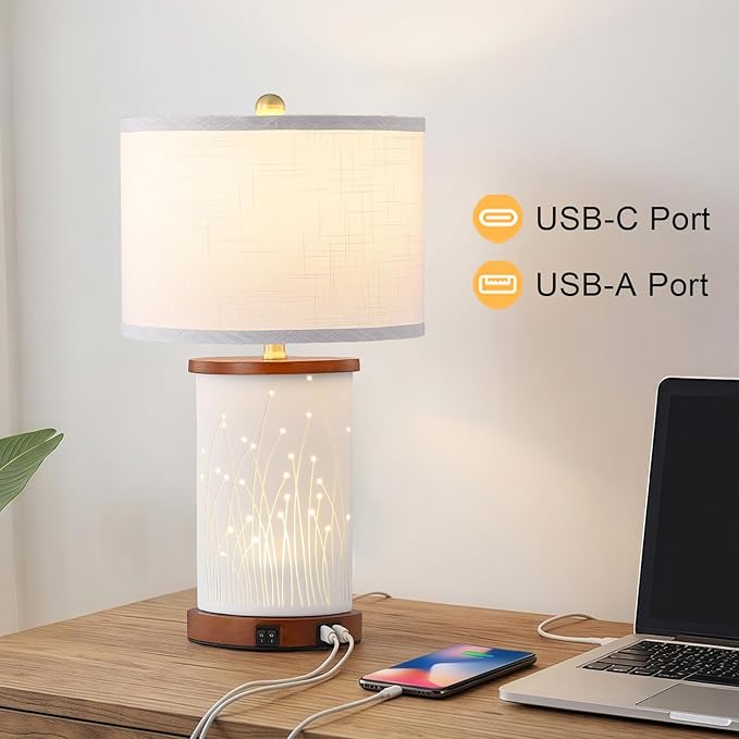 Set of 2 Ceramic Table Lamps with 3 Color Temperatures, Nightstand Table Lamps with AC Outlet, USB A & C Charging Port, Bedside Lamps for Living Room, Bedroom, Office Reading, Walnut