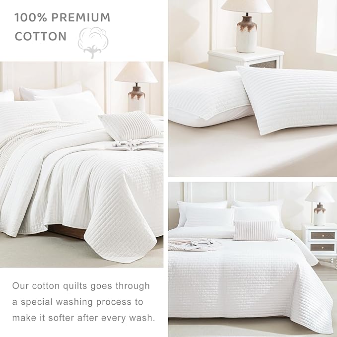 Sanracie Stonewashed Oversized King Quilt(120"x120"), Cotton Milk White California King Quilt Coverlet Sets 3Pcs Ultra Soft Crinkle Cross Stitch Bedspreads Sets for All Season