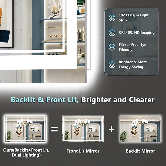 50x40 LED Bathroom Mirror with Lights, Backlit and Front Lit, Anti-Fog Lighted Vanity Mirrors for Bathroom Wall, Dimmable, 3-Color Light, Memory, Shatter-Proof, HD Tempered Glass, CRI＞90
