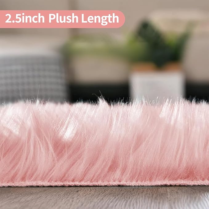 Pink Faux Fur Sheepskin Area Rug for Living Room Bedroom, 6 x 6 Feet Ultra Soft Shaggy Fuzzy Furry Carpet Chair Throw Large Rugs for Kids, Girls, Nursery Room Decor Dorms