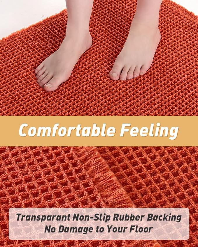 AMOAMI Upgraded Waffle Bath Mat, Super Absorbent Non Slip Bath Mats for Bathroom Floor, Machine Washable Bathroom Rugs with Tassels, Rubber Backed Bathroom Mats, Ultra Soft, 18" x 30", Orange